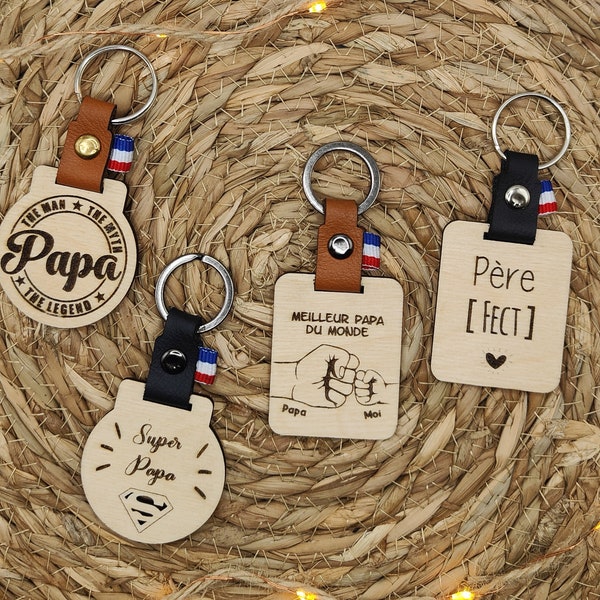 Porte-clés personnalisable bois et cuir (Papa, Parrain, Tonton ...)