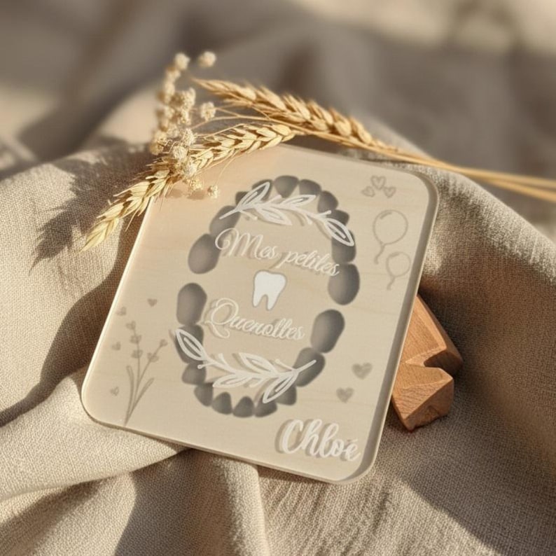 Puede incluir: Placa de madera beige claro con el texto franc&eacute;s "Mes petites Quenottes" y el nombre "Chloe". La placa presenta un recorte en forma de diente y elementos florales decorativos. Soporte de madera.