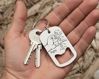 Porte-clés personnalisé décapsuleur– 1 à 4 enfants – Cadeau unique - Fête des Papy, Papa, anniversaire, Parrain, Tonton ...