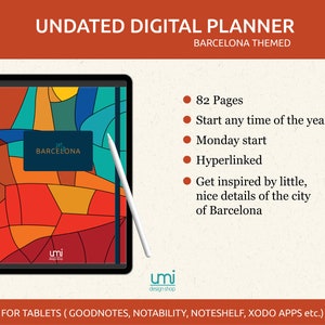 May include: A digital planner with a colorful geometric design featuring the word "Barcelona". The planner is undated and has 82 pages. It is designed for tablets and includes features like hyperlinks and a Monday start.