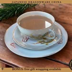 Japanese Dragonware Tea Cup Set: Geisha Lithophane Eggshell Porcelain