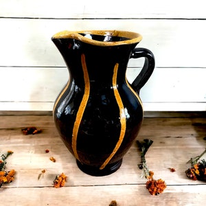 Ceramic Vintage Mustard and Black Hand Painted Vase.