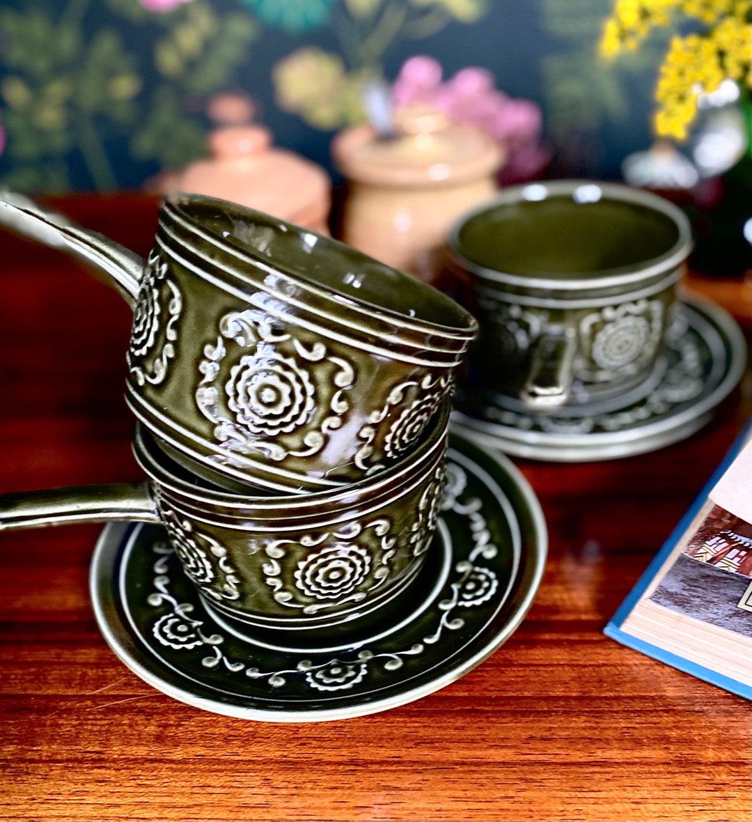 Vintage Soup Bowls and Plates, Forest Green , Retro , TAMS, 1960s