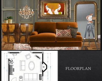 Custom Interior Design E-Design Paket - Virtuelle Designer Services, Moodboard, Grundriss & Einkaufsliste.