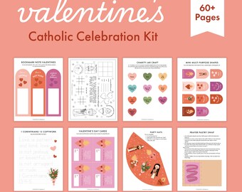 60+ Page Catholic Party Kit for Valentine’s Day | Saint Scripture Cards, Heart Coloring Placemats for Homeschool, Classroom Bible Love Craft