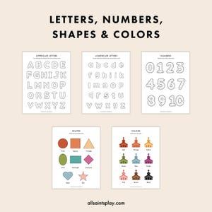 May include: Printable worksheet for kids to learn uppercase and lowercase letters, numbers 0-10, basic shapes, and colors. The worksheet features a black and white outline of letters, numbers, shapes, and colors.
