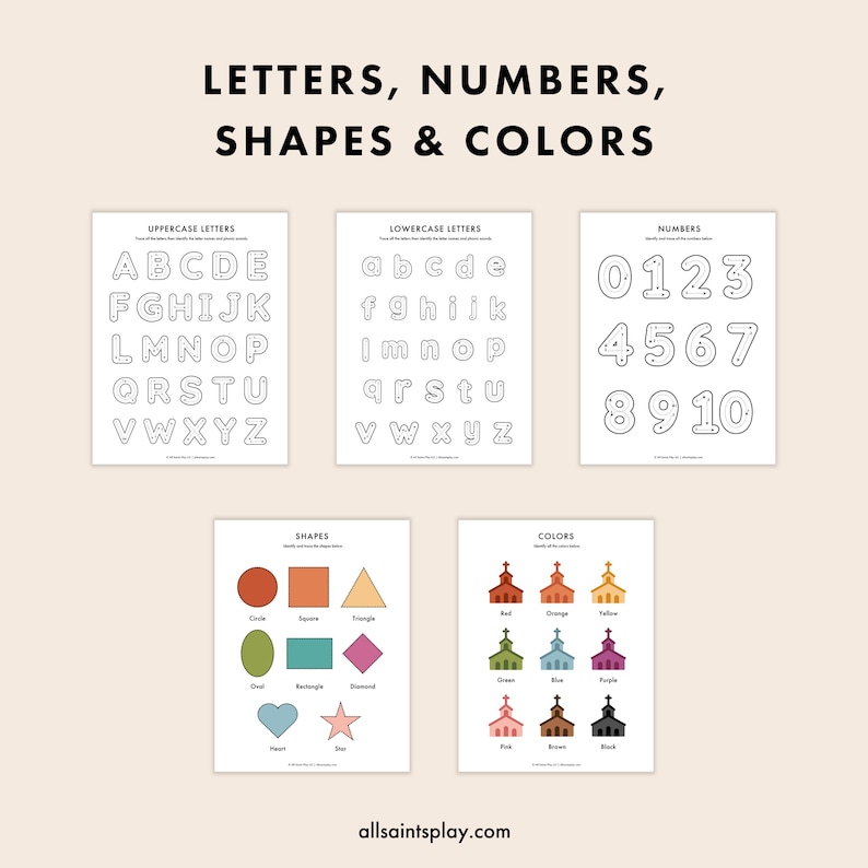 May include: Printable worksheet for kids to learn uppercase and lowercase letters, numbers 0-10, basic shapes, and colors. The worksheet features a black and white outline of letters, numbers, shapes, and colors.