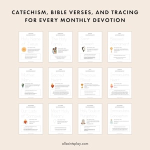 May include: A printable chart with 12 monthly devotions for Catholic families. Each month features a different Catholic saint, feast day, or mystery of the rosary. Each month includes a tracing activity, bible verses, and catechism questions.