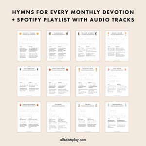 May include: A printable sheet with a list of hymns for each month of the year. The hymns are written in Latin and include titles like "Jesu Dulca Memoria", "O Sanctissima", "Te, Joseph, Celebrent", "Adoro Te Devate", "Immaculate Mary", "Cor Ardea Legem Continet", "Glory Be to Jesus", "Salve Regina", "Stabat Mater Dolorosa", "Ave Maria", "Dies Irae", and "Tota Pulchra Es".