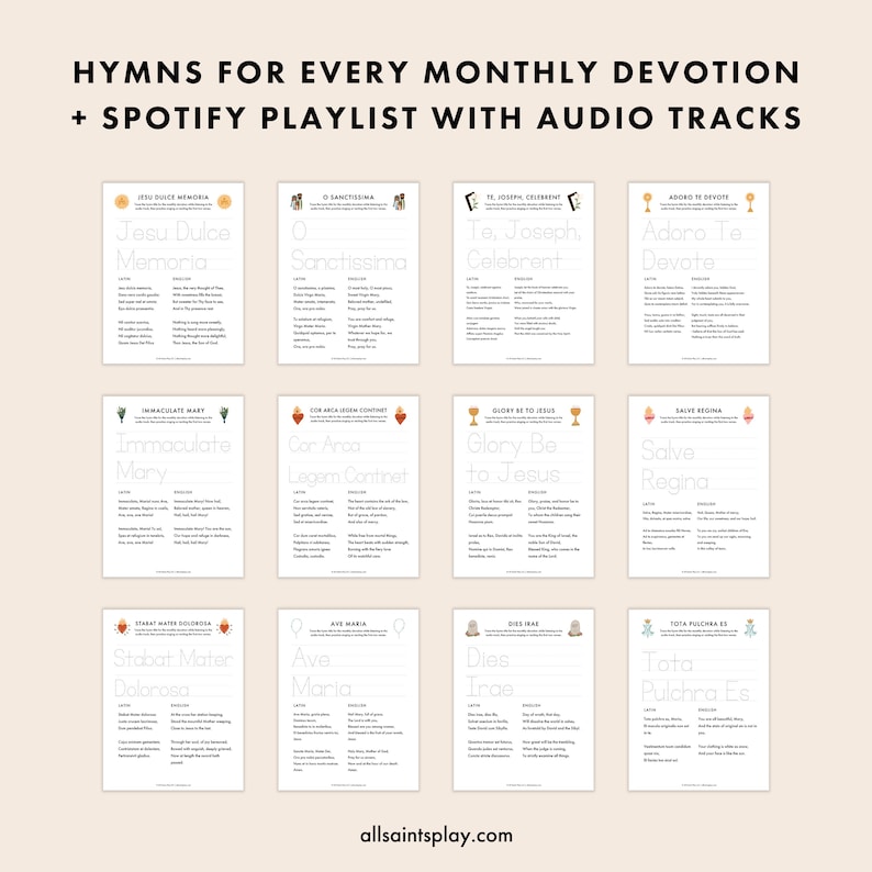 May include: A printable sheet with a list of hymns for each month of the year. The hymns are written in Latin and include titles like "Jesu Dulca Memoria", "O Sanctissima", "Te, Joseph, Celebrent", "Adoro Te Devate", "Immaculate Mary", "Cor Ardea Legem Continet", "Glory Be to Jesus", "Salve Regina", "Stabat Mater Dolorosa", "Ave Maria", "Dies Irae", and "Tota Pulchra Es".