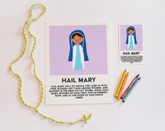 Hail Mary Print | Rosary Prayers, Blessed Virgin Mary Printable, Fun Catholic Art for Classroom, Kid's Room, Box of Crayons