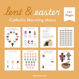 Pode incluir: Um conjunto de páginas imprimíveis do Menu Matinal Católico para a Quaresma e a Páscoa. As páginas incluem atividades como Divine Mercy Dots, as 7 Últimas Palavras de Cristo, Regina Caeli e palavras de visão. O texto "15+ Pages" é visível.