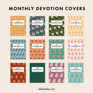 May include: Twelve printable monthly devotion covers featuring different religious symbols and patterns. The covers are labeled with the months of the year and the words "Morning Menu".