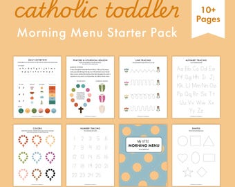 Toddler Morning Menu for Catholic Kids | Busy Work, Prayer Worksheet, Letter Number Tracing, Weather Mood Tracking, Preschool Morning Basket