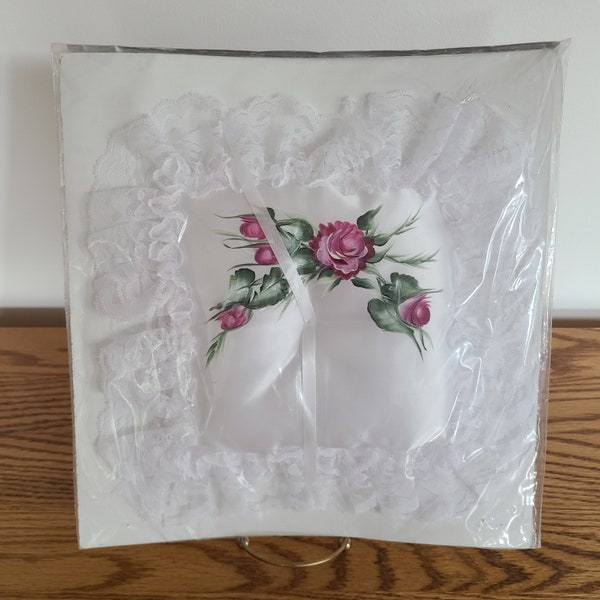 Vintage NWT Square Handpainted Satin and Lace Wedding Ring Bearer Pillow Cushion, Handpainted Ring Bearer Pillow, Satin and Lace Ring Pillow