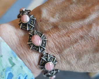 Vintage Sterling Silver Marcasite & Rhodochrosite Cabochons Pink Stone Bracelet