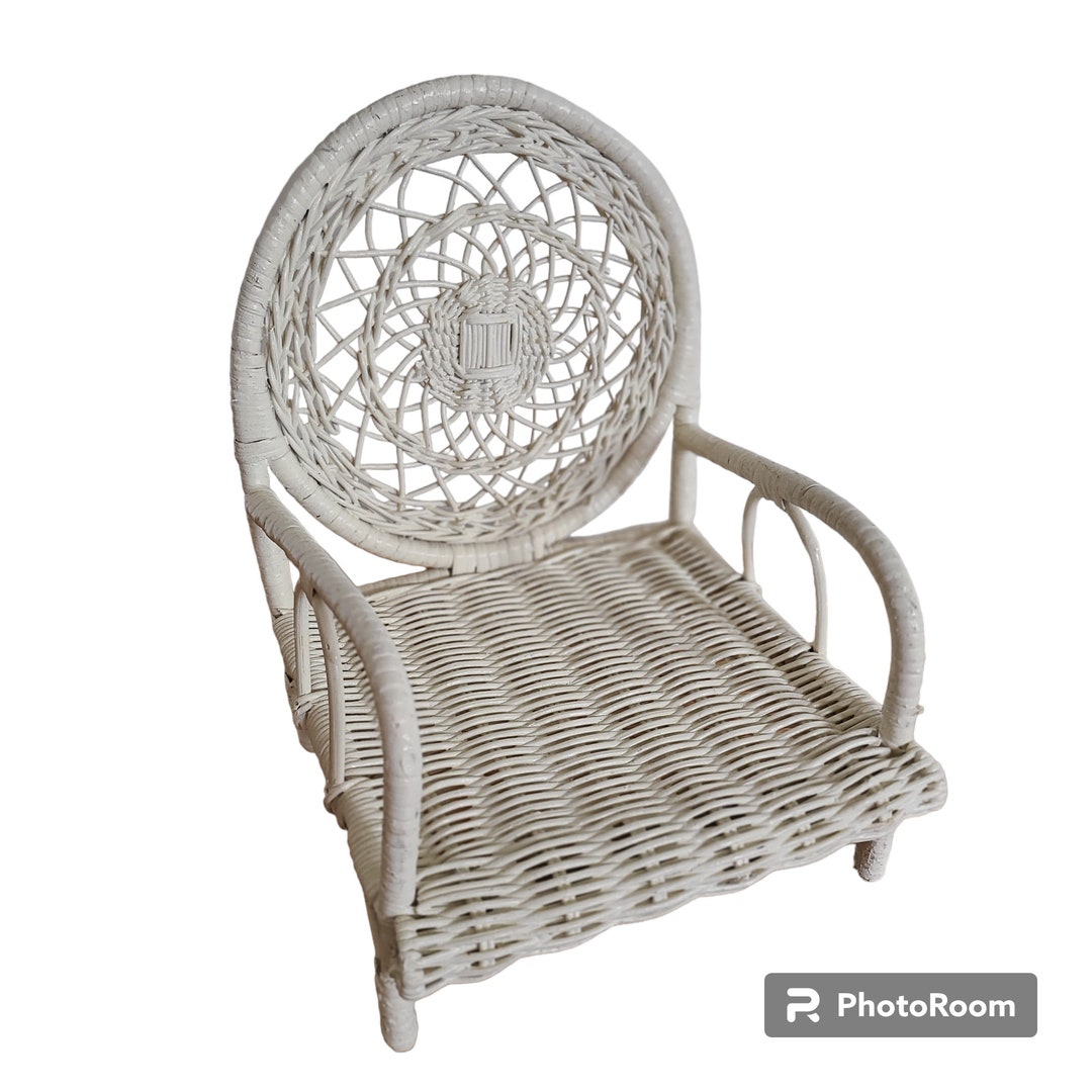 Vintage White Wicker Chair Doll Furniture, Wicker Doll Chair for