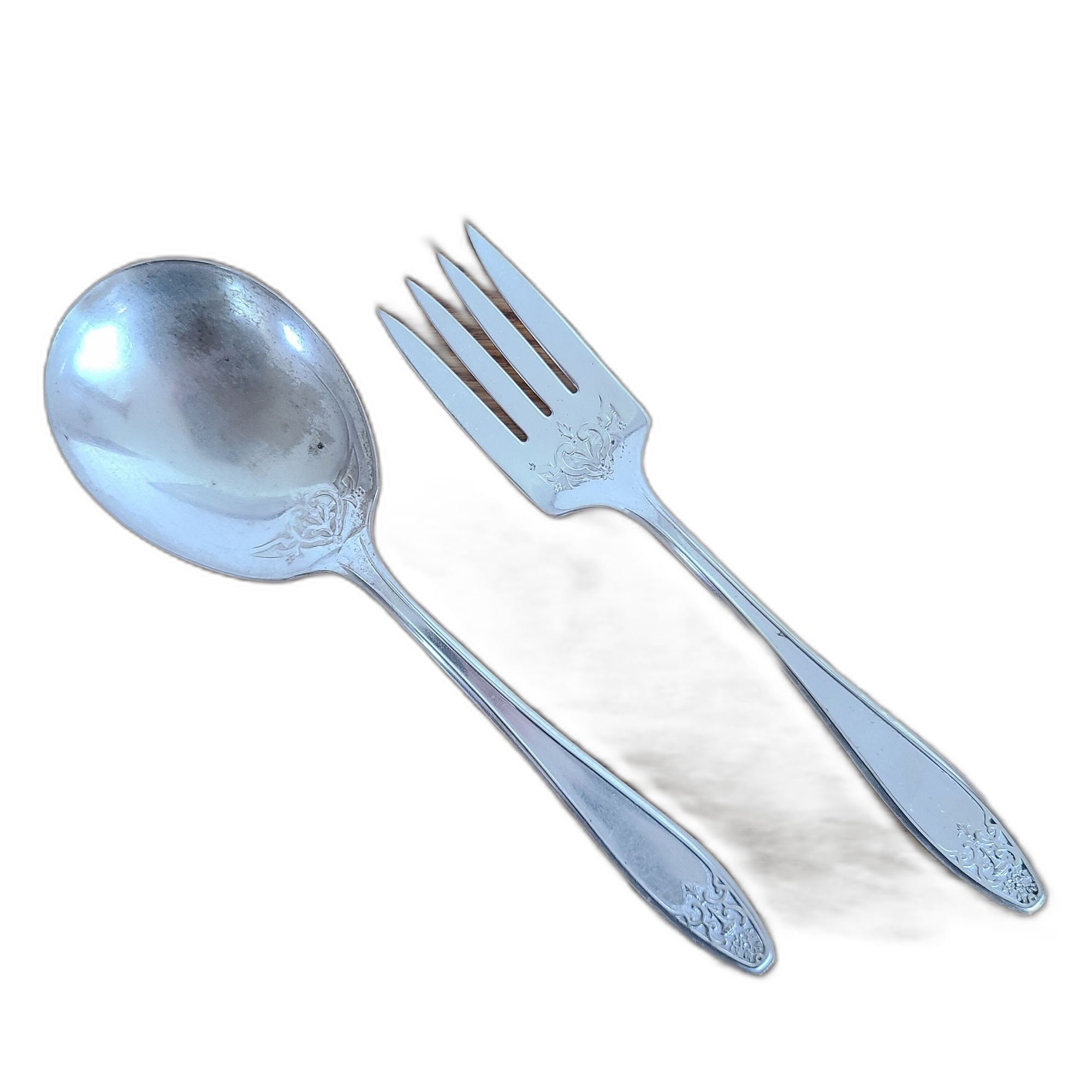 Wm. Rogers Princess Lady Doris Silver Plate Meat Fork and Serving Spoon, Serving Utensils, Flatware, Silver, Circa 1930s, Vintage, Patina