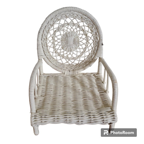 Vintage White Wicker Chair Doll Furniture, Wicker Doll Chair For Stuffed Plush Animals, White Wicker Chair For Floral And Plant Displays