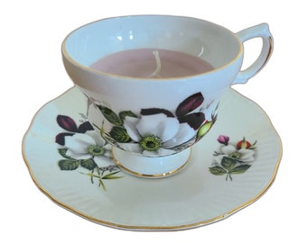 Vintage Tea Cup And Saucer Candle Floral Fragrance Royal Dover China Unlit