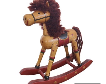 Vintage Wooden Christmas Rocking Horse Pony Child's Toy, Wooden Rocking Horse Toy, Yarn Mane And Tail Rocking Horse, 1980s