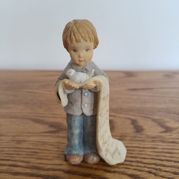 Foundations by Karen Hahn, Boy With Bird and Blanket, Confirmation Figurine, Religious Figurine, Boy Gift, Inspirational, Collectible - Cute