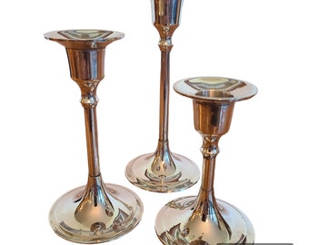 Vintage Trio Set of Silver Toned Candle Holders With Different Heights Made In India, Set Of Three Silver Plated Candle Holders