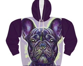 Lila Mops Hund Unisex Pullover Hoodie (AOP)