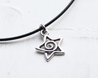 Star necklace. Star leather choker. Silver Star pendant. Swirl Star black leather choker / necklace. Star Charm Pendant. Gift.