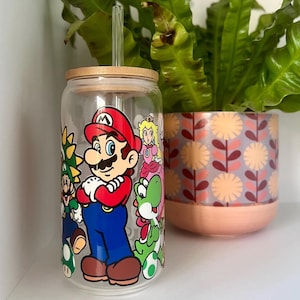 Super Mario 16oz Glasdose, Mario 16oz Becher mit Deckel und Trinkhalm, libbey Glasdose 16oz, Luigi Glass, Bowers Cup