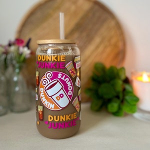 Dunkin 16oz glass can, Dunkin Donuts 16oz cup with lid and straw, Dunkin Coffee Glass, Dunkin Glass