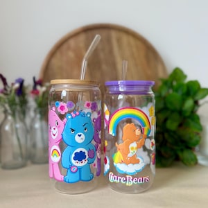 Care Bears 16oz glass can, Care Bear 16oz cup with lid and straw, liberty glass can 16oz
