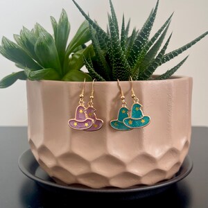Cute Spooky Witch’s Hat Halloween Earrings in Purple or Green