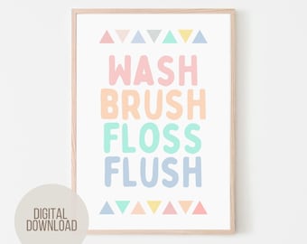 Kids Bathroom Rule Sign Wash Brush Floss Flush Print |DIGITAL DOWNLOAD, pink mint pastel colorful restroom washroom wall decor for girls