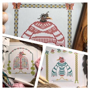 May include: Three cross-stitch patterns featuring a bird wearing a sweater. The first pattern shows a bird wearing a red and white sweater. The second pattern shows a bird wearing a colorful patchwork sweater. The third pattern shows a bird wearing a teal and white sweater.