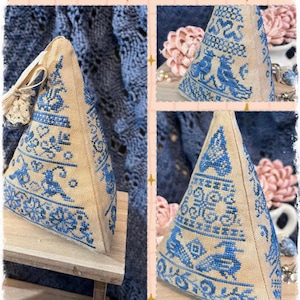 Selbu Winter Nordic Norwegian Christmas Birds Pyramid/Tree Cross Stitch pdf monochromatic on vintage linen  complete finishing instructions