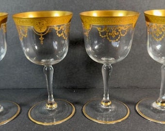 4 Crystal Cordial 5  1/4" Gold Trim Glasses