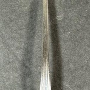 May include: A silver serving spoon with a decorative handle. The spoon has a large, round bowl and a long, slender handle.