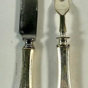 Könnte beinhalten: Ein silbernes Carving-Set mit Messer und Gabel. Die Griffe sind verziert und haben ein dekoratives Design.