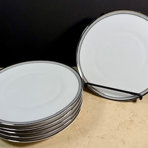 Könnte beinhalten: Ein Stapel weißer Keramikteller mit silbernem Rand. Ein Teller wird auf einem schwarzen Metallständer präsentiert. Die Teller haben ein schlichtes, elegantes Design.