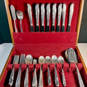 Juego de cubiertos de plata International Wm Rogers Allure-Teatime de 63 piezas con cofre.