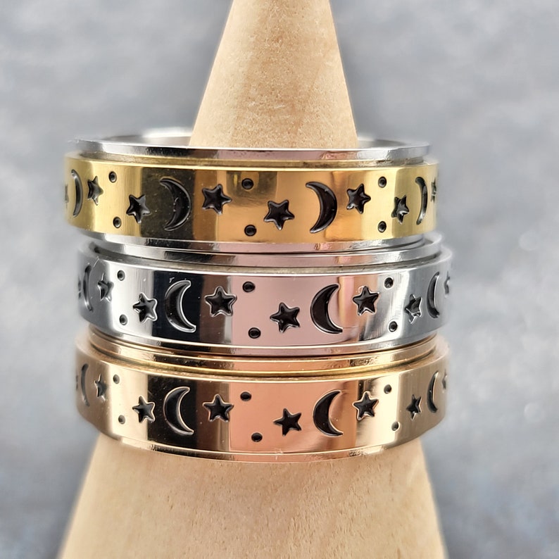 Moon & Stars Spinner Ring, Rotating Fidget Ring, Spin Meditation Ring, Thumb Spinning Ring, Worry Ring For Women and Men, Gift Anxiety Rings image 4