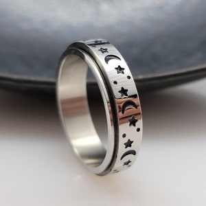 Moon & Stars Spinner Ring, Rotating Fidget Ring, Spin Meditation Ring, Thumb Spinning Ring, Worry Ring For Women and Men, Gift Anxiety Rings image 5