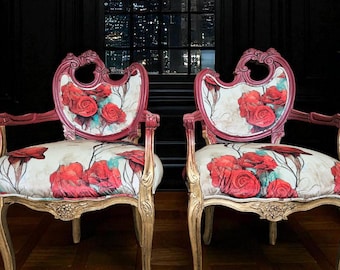 Pair of Customizable Louis XV Armchairs: Red & Gold Rococo Floral