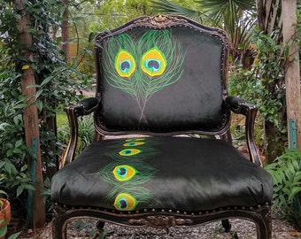 CUSTOMIZABLE Upholstered French Velvet Peacock Chair - Louis XV Style - Gilded