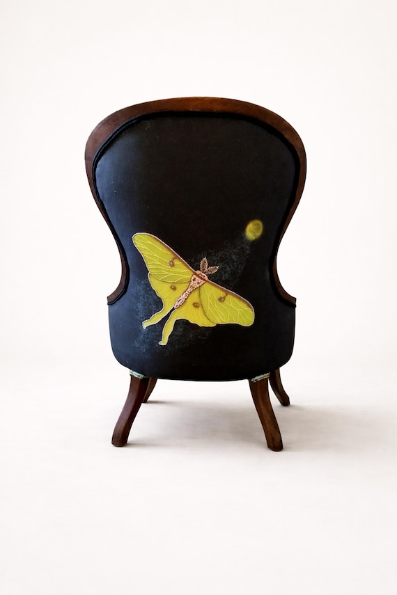 Victorian Accent Chair – Black Slipper Chair with Lunar Moth Art Back