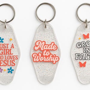 Motel keychain with Christian inspirational phrases