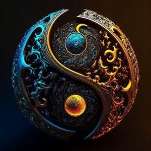 Może przedstawiać: Szczegółowy symbol Yin i Yang w odcieniach niebieskiego, złotego i brązowego. Projekt zawiera wirujące wzory, niebieskie kule i skomplikowane filigran, na ciemnym tle. Symbol reprezentuje równowagę i harmonię.