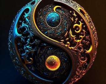May include: A detailed, ornate Yin and Yang symbol in shades of blue, gold, and bronze. The design features swirling patterns, celestial orbs, and intricate filigree, set against a dark background. The symbol is a representation of balance and harmony.
