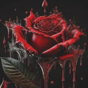 Peut inclure: Une rose rouge vif représentée avec un effet de fonte ou de goutte à goutte, où les pétales semblent se liquéfier en gouttelettes rouge foncé sur un fond noir uni. Une seule feuille vert foncé est visible à la base de la tige.